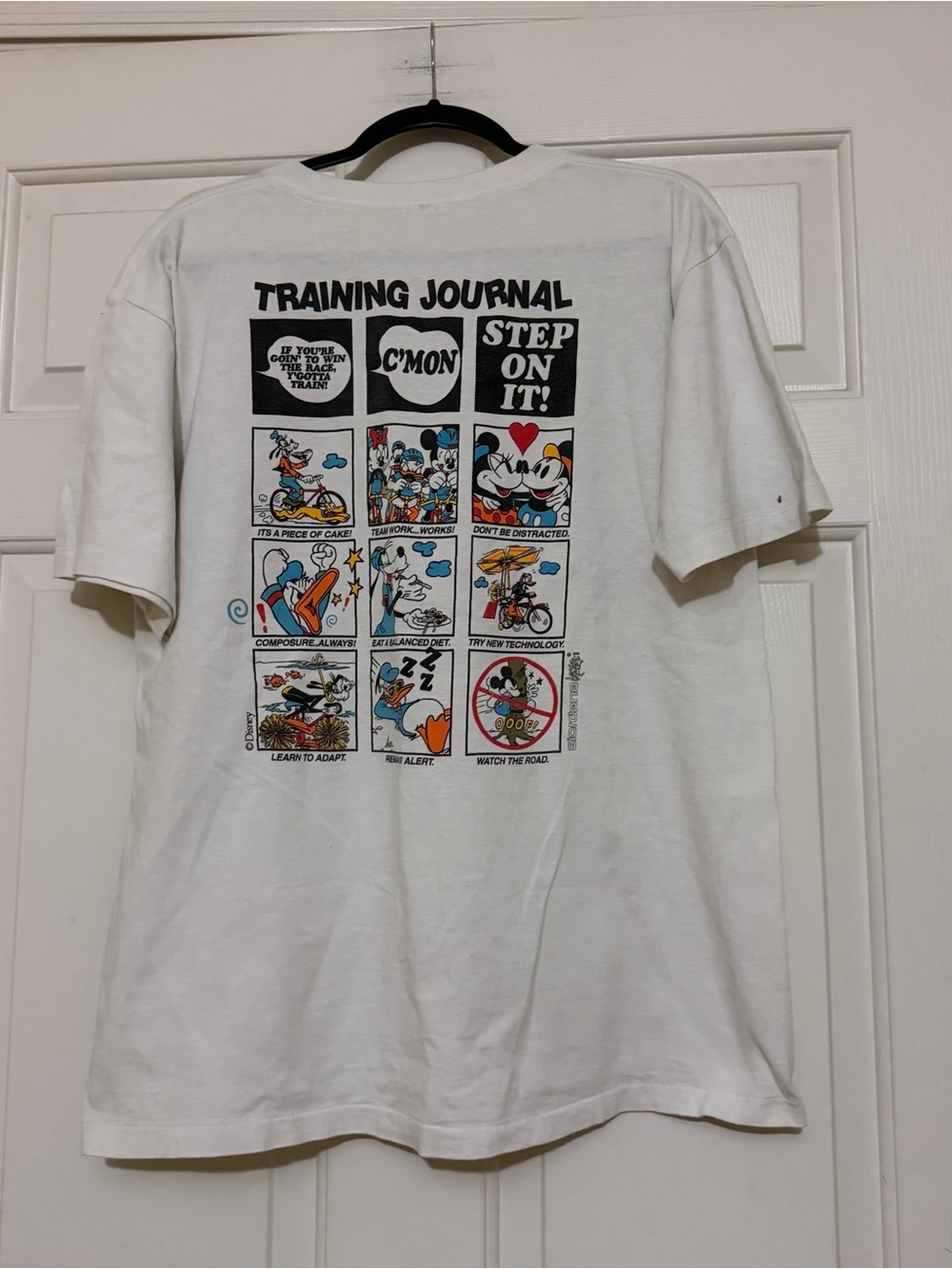 Disney Donald Duck Training Journal Bike Riding Comic Strip Tee Vtg Size Large